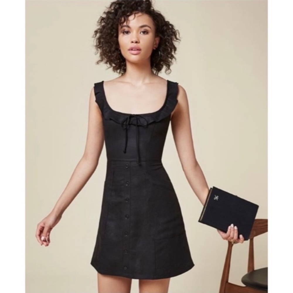 Reformation Julita Linen Mini Dress Black Button Down Front Pockets Size 8 EUC